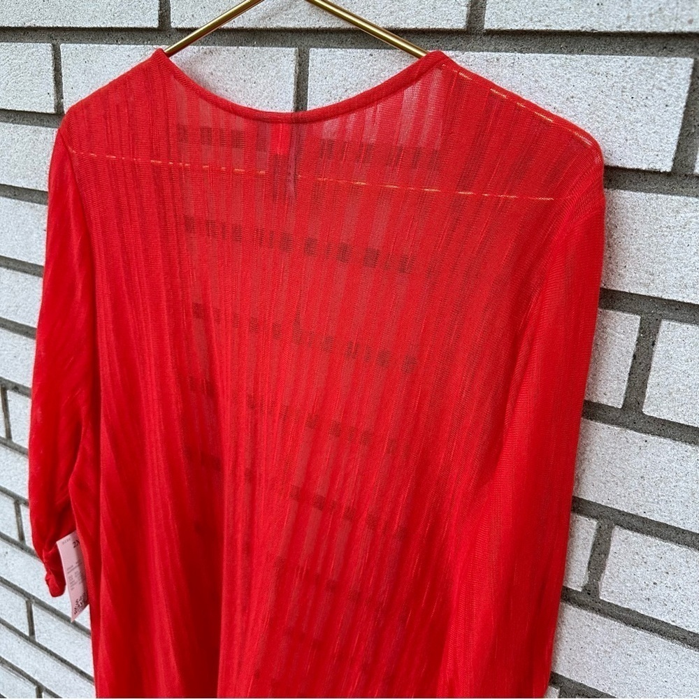 NWT Catherines Tomato Red Sheer Stripe Knit Long Open Cardigan Ruched Sleeve 2X - Picture 9 of 10